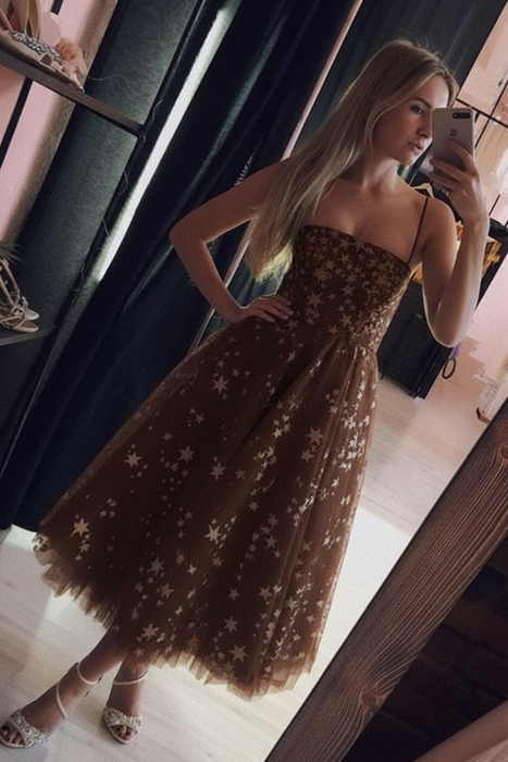 Brown Spaghetti Strap Tea Length Tulle Homecoming Dress Midi Prom Dresses - Prom Dresses