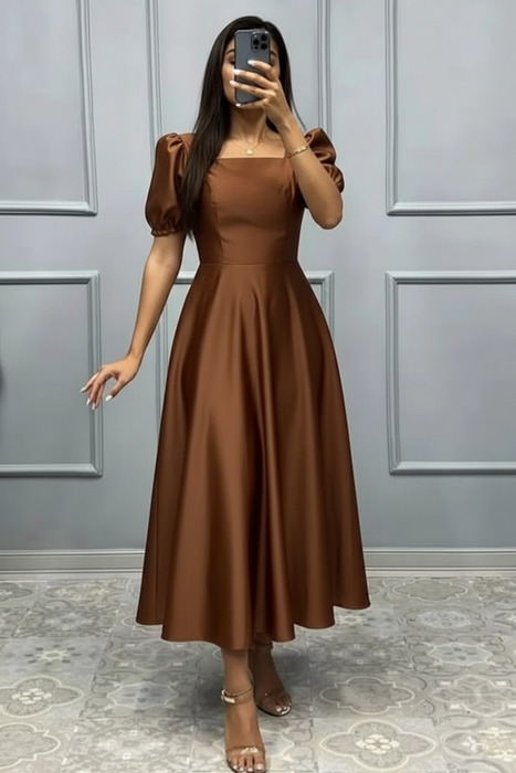 Brown Square Neck A-Line Prom Dress with Short Sleeves