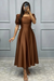 Brown Square Neck A-Line Prom Dress with Short Sleeves