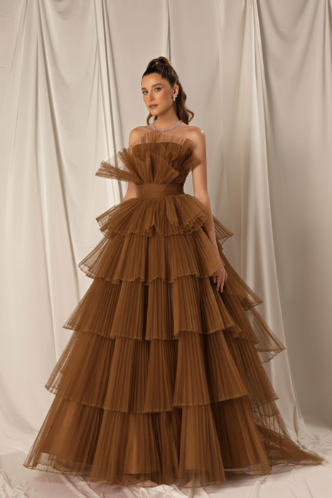 Brown Strapless Mermaid Evening Gown with Layers and Sleeveless Design
