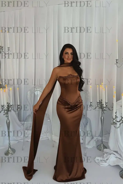 Brown Stunning Satin Mermaid Prom Dress Yellow Beadings with Wrap