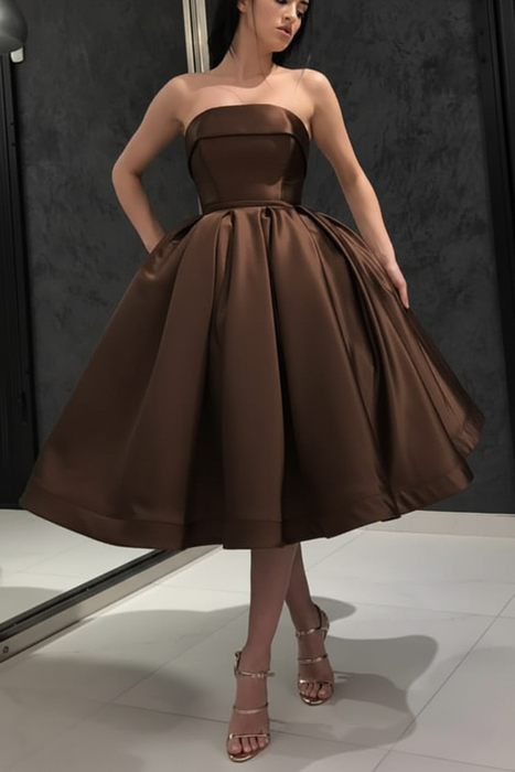 Brown Strapless Tea Length Prom Dress Sleeveless Aline Homecoming Dress Satin Cocktail Dress