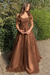 Brown Stylish Lace Long Prom Dress with Spaghetti Straps