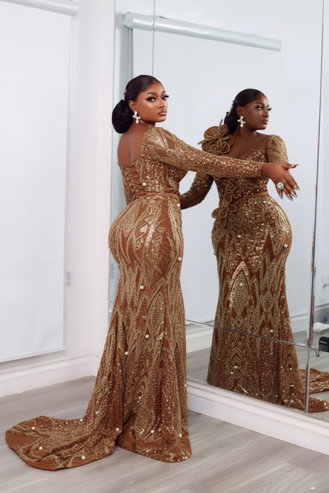 Brown Stylish One-Shoulder Deep V-Neck Mermaid Prom Dress with Appliques