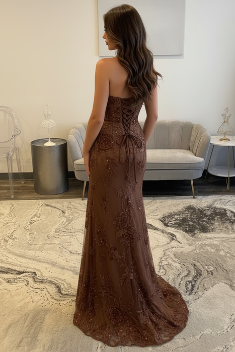 Brown Sweetheart Lace Mermaid Evening Dress Sequins Corset Prom Dress with Appliques