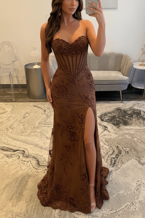 Brown Sweetheart Lace Mermaid Evening Dress Sequins Corset Prom Dress with Appliques