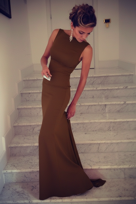 Brown Trumpet/Mermaid High Neck Sleeveless Spandex Floor-Length Dresses - Prom Dresses