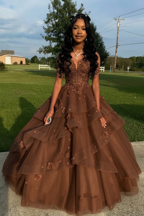Brown Spaghetti Straps Aline Prom Dress Tulle Aline Evening Dress with Lace