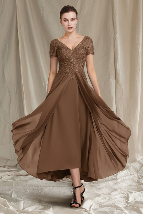 Brown V-Neck A-Line Princess Tea-Length Dresses for the Mother of the Bride