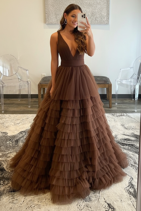 Brown Tulle Formal Evening Dresses 