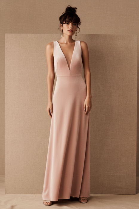 Blush Pink Evening Dress A-Line V-Neck Floor-Length Sleeveless Zipper Velour Formal Dinner Dresses