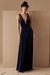 Navy Blue Evening Dress A-Line V-Neck Floor-Length Sleeveless Zipper Velour Formal Dinner Dresses
