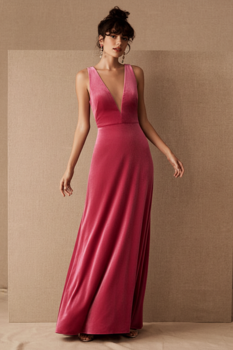 Hot Pink Evening Dress A-Line V-Neck Floor-Length Sleeveless Zipper Velour Formal Dinner Dresses