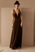 Brown  Evening Dress A-Line V-Neck Floor-Length Sleeveless Zipper Velour Formal Dinner Dresses