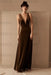 Brown  Evening Dress A-Line V-Neck Floor-Length Sleeveless Zipper Velour Formal Dinner Dresses