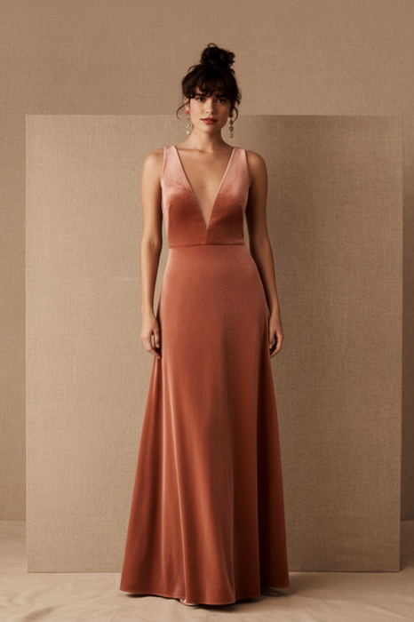 Plus Size Evening Dress A-Line V-Neck Floor-Length Sleeveless Zipper Velour Formal Dinner Dresses