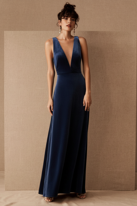 Ink Blue Evening Dress A-Line V-Neck Floor-Length Sleeveless Zipper Velour Formal Dinner Dresses