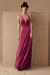Fuchsia Evening Dress A-Line V-Neck Floor-Length Sleeveless Zipper Velour Formal Dinner Dresses