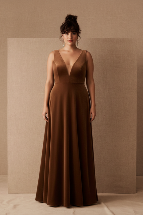 Plus Size Evening Dress A-Line V-Neck Floor-Length Sleeveless Zipper Velour Formal Dinner Dresses