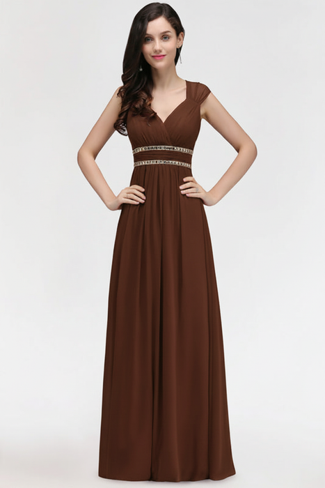 Brown Chic Ruched Chiffon Aline Formal Dress Bridesmaid Dress with Beadings