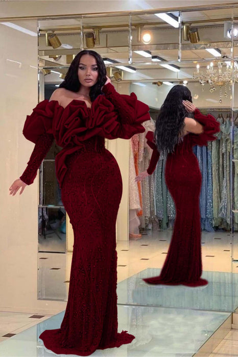 Prom Dress Purple Bubble Sleeves Long Strapless Sequins Beading