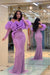 Prom Dress Purple Bubble Sleeves Long Strapless Sequins Beading