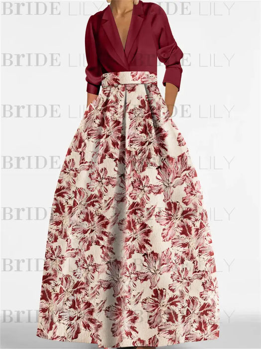 Burgundy 3/4 Sleeve Shirt Collar A-Line Mother of the Bride & Groom Dress with Printed Floral