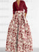 Burgundy 3/4 Sleeve Shirt Collar A-Line Mother of the Bride & Groom Dress with Printed Floral