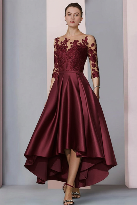 Burgundy Mermaid Satin Hi-Lo Mother of-Bride Dress with Appliques - Prom Dresses