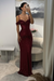 Burgundy Sparkly Sequins Mermaid Prom Dress Spaghetti Straps Ruffles Evening Gowns