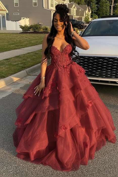 Burgundy Spaghetti Straps Tulle Aline Prom Dress Floral Tiered Ruffles Corset Formal Dress
