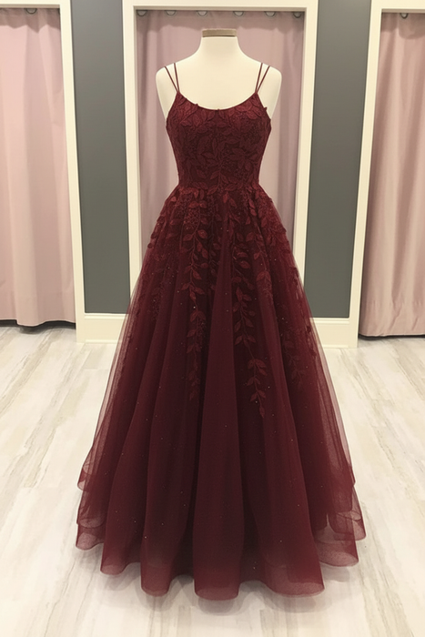 Burgundy A Line Lace Long Prom Dresses