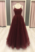 Burgundy A Line Lace Long Prom Dresses