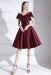 Burgundy A-Line V-Neck Knee-Length Short Sleeves Pleated Satin Cocktail Dress 