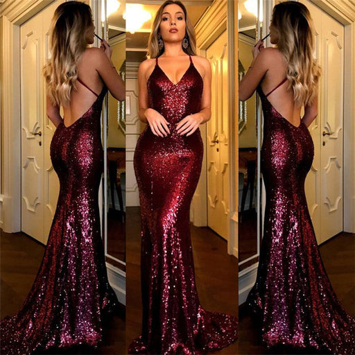 Burgundy Backless Sequin Evening Dress