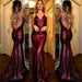 Burgundy Backless Sequin Evening Dress