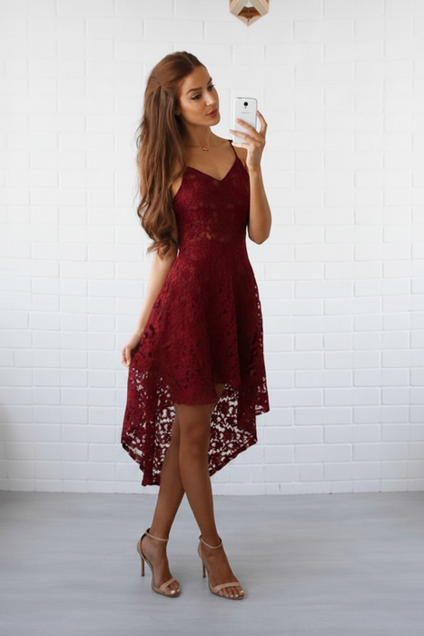 Burgundy Bridelily A-Line Lace Spaghetti Straps Sleeveless Short/Mini With Layers Dresses - Prom Dresses
