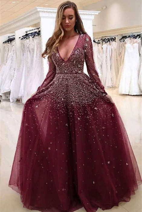 Burgundy Bridelily A-line Long Sleeves V-neck Floor-length Tulle Pearls Prom Dresses