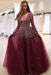 Burgundy Bridelily A-line Long Sleeves V-neck Floor-length Tulle Pearls Prom Dresses