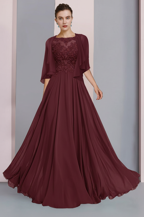 Burgundy Floor-Length A-Line Mother of the Bride Dress with Princess Scoop Neckline