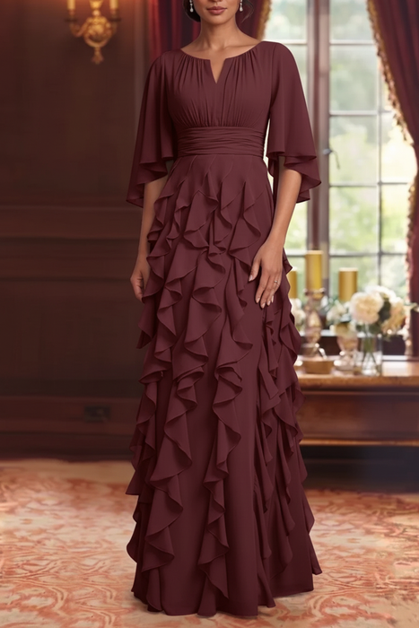 Burgundy Chiffon Mother of the Bride Dress Flutter Sleeves with Cascading Ruffles
