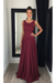 Burgundy Chiffon A-Line Prom Dress Scoop Neck with Lace Appliques