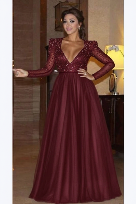 Burgundy Elegant Long Sleeve Formal Dress with Beads A Line Sparkle V Neck Evening Dresses - Prom Dresses