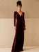 Burgundy Evening Dress A-Line V-Neck Long Sleeve Velour Floor-Length Formal Party Dresses(APP ExclusivePrice  $99.99)