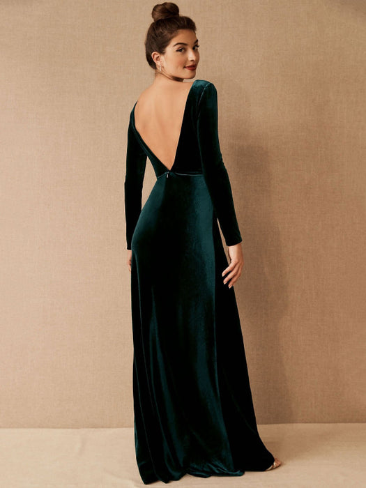 Burgundy Evening Dress A-Line V-Neck Long Sleeve Velour Floor-Length Formal Party Dresses(APP ExclusivePrice  $99.99)