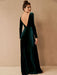 Burgundy Evening Dress A-Line V-Neck Long Sleeve Velour Floor-Length Formal Party Dresses(APP ExclusivePrice  $99.99)