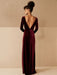Burgundy Evening Dress A-Line V-Neck Long Sleeve Velour Floor-Length Formal Party Dresses(APP ExclusivePrice  $99.99)