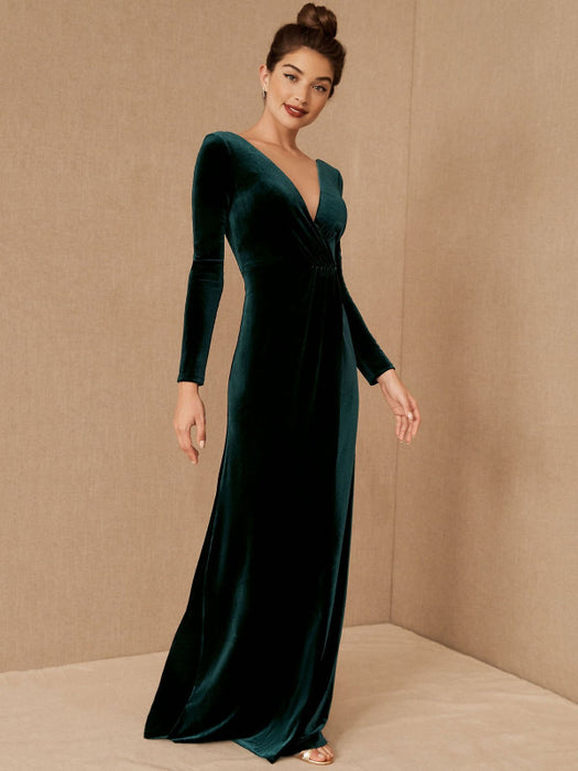 Burgundy Evening Dress A-Line V-Neck Long Sleeve Velour Floor-Length Formal Party Dresses(APP ExclusivePrice  $99.99)