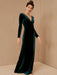 Burgundy Evening Dress A-Line V-Neck Long Sleeve Velour Floor-Length Formal Party Dresses(APP ExclusivePrice  $99.99)