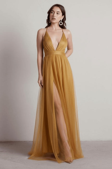 Burgundy Evening Dress A-Line V-Neck Pleated Chiffon Tulle Maxi Formal Dinner Dresses - Prom Dress